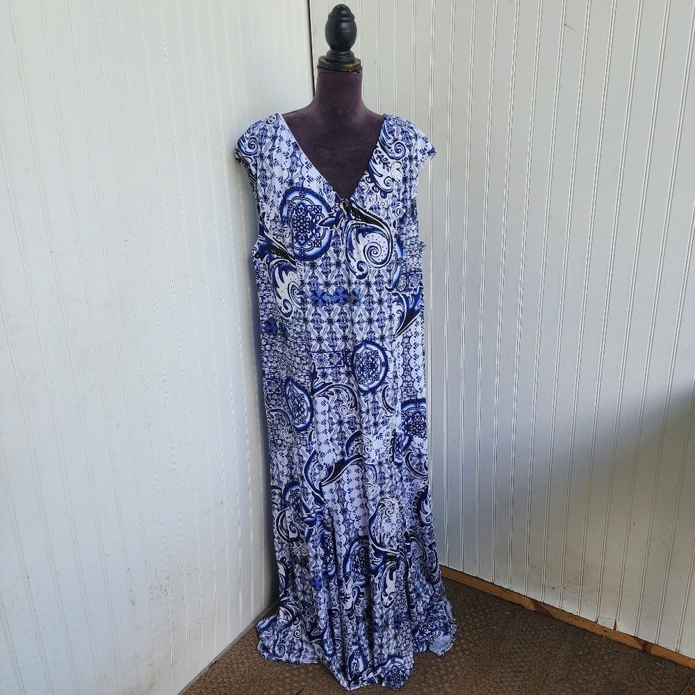 Cato Blue White Paisley Stretch Maxi Dress Heavy Weight Fully Lined 22 / 24W